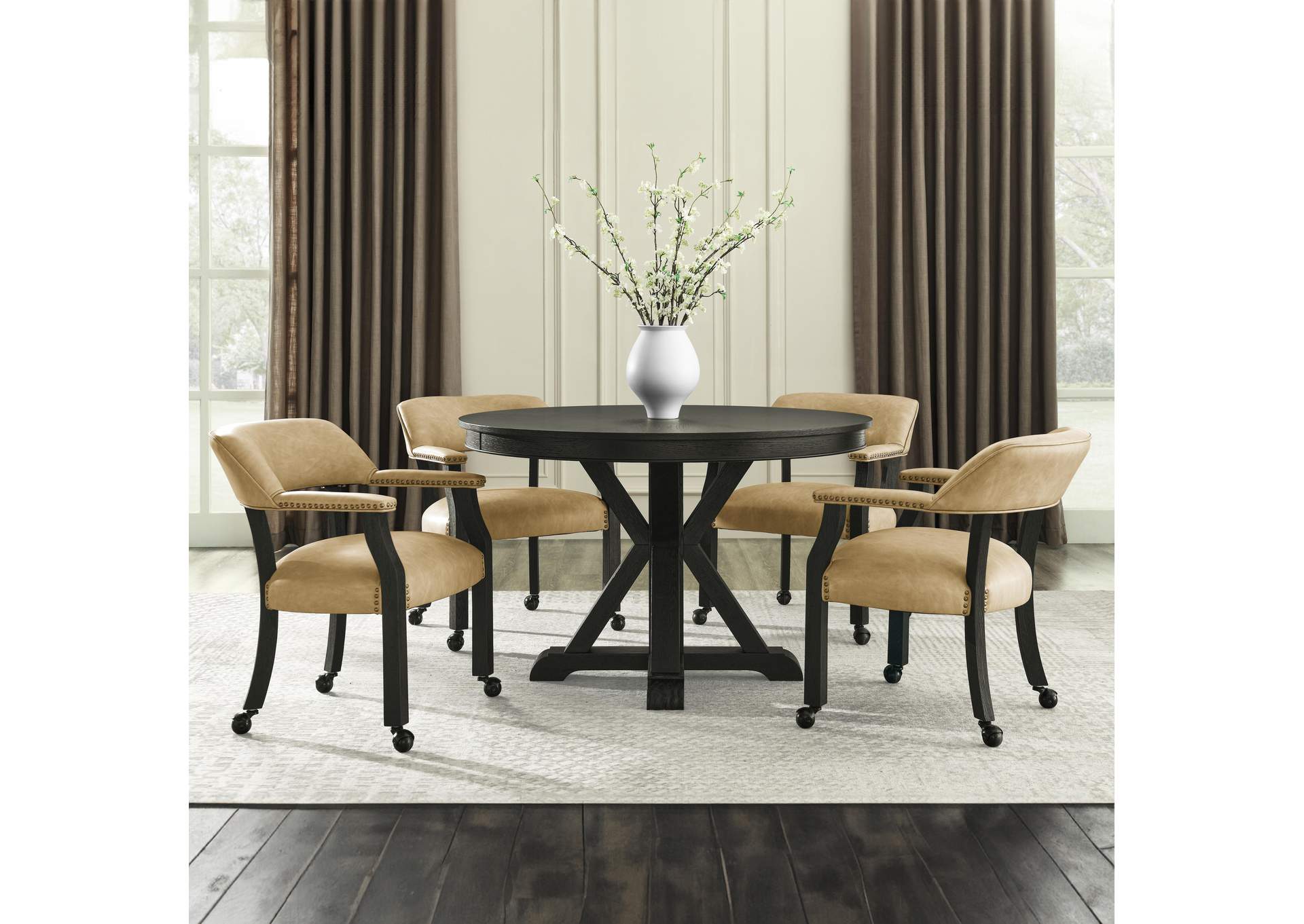 Rylie Dining Table and 4 Captains Chairs, Black Finish with Sand Vegan Leather image 1
