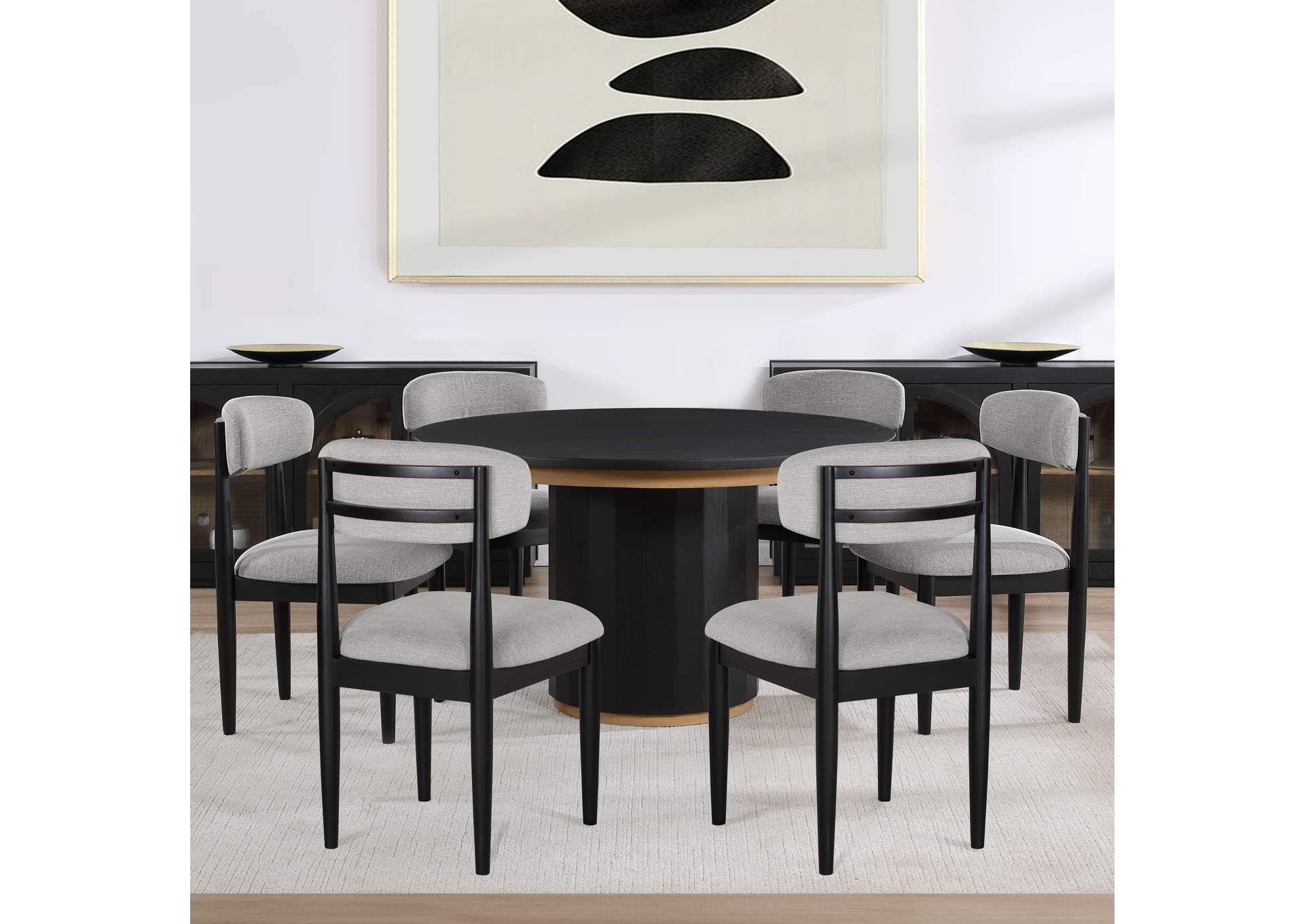 Magnolia 52-Inch Round Dining Table and 6 Upholstered Side Chairs, Black Finish image 1