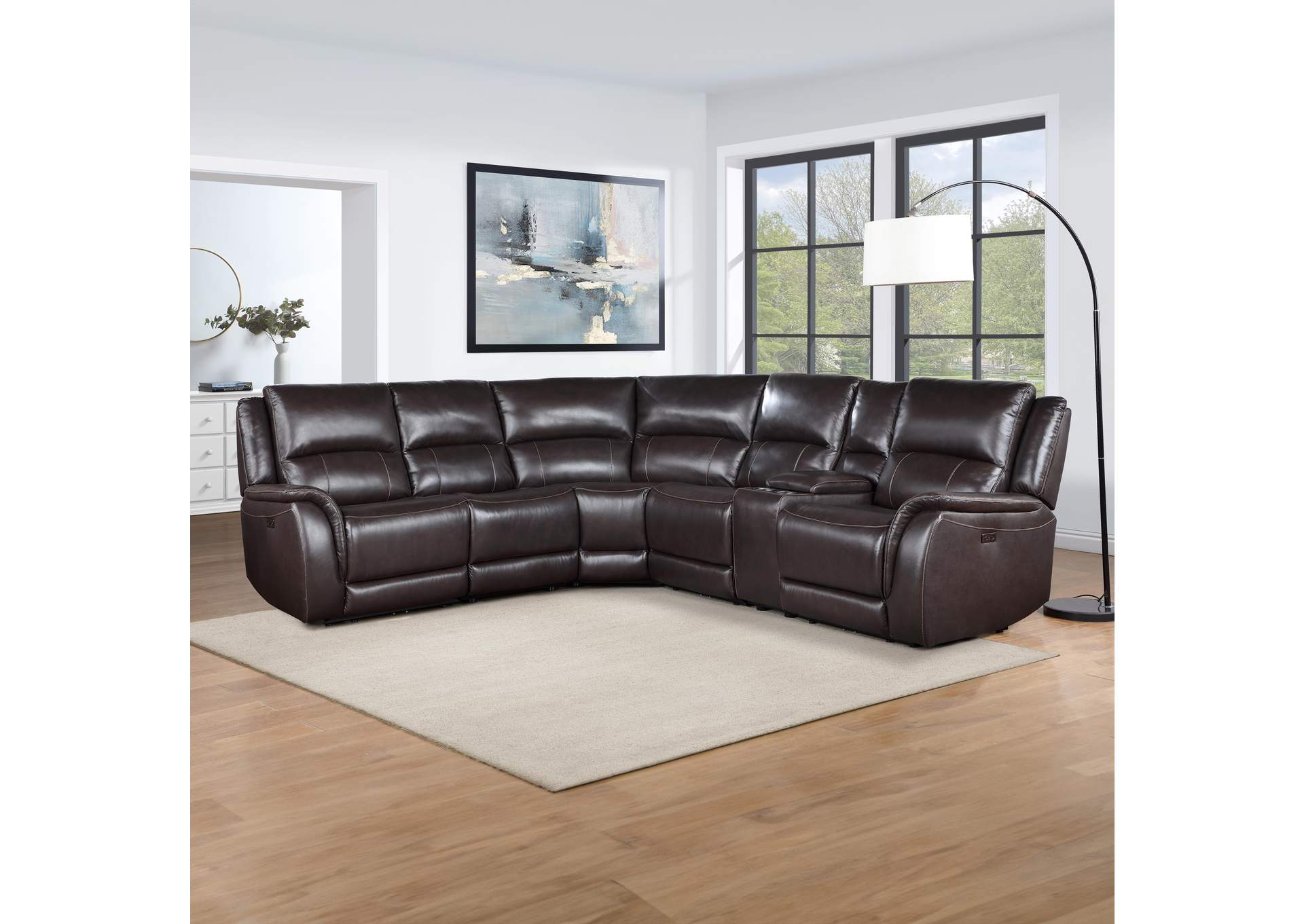 Alexandria 6-Piece Dual-Power Leather Reclining Sectiona, Chocolate image 1