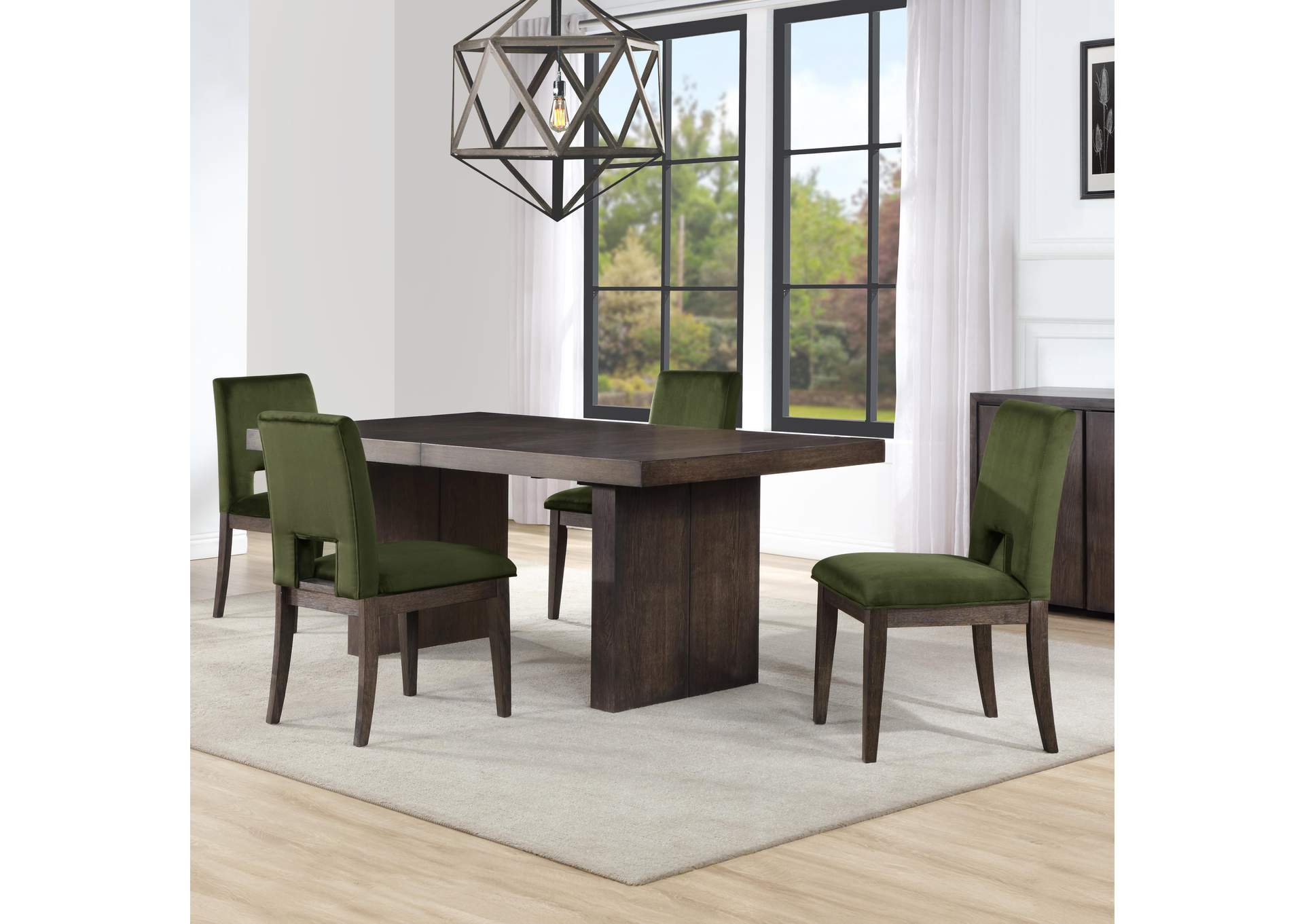 Evan 5-Piece 78-96-Inch Table Set with Green Velvet Chairs image 1