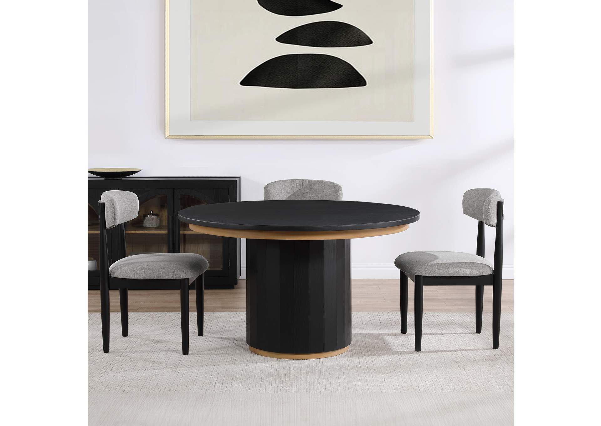 Magnolia 52-Inch Round Dining Table and 4 Upholstered Side Chairs, Black Finish image 1