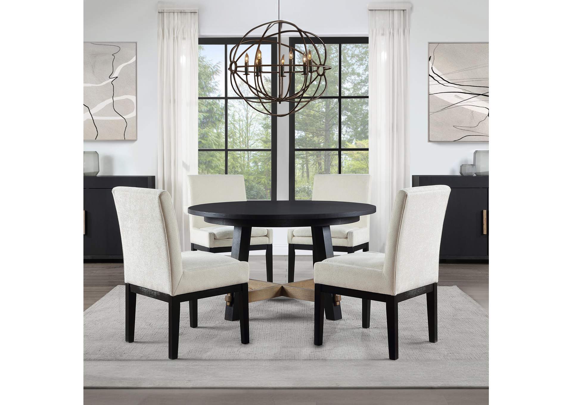 Aubrey 5-Piece 54" Round Dining Table with 4 Upholstered Parsons Chairs, Black image 1