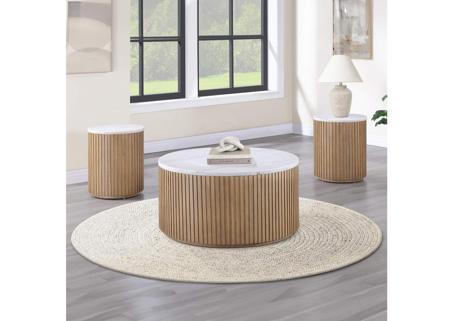 Colvin 3-Piece Round White Marble Top Table Set, Toffee Finish image 1