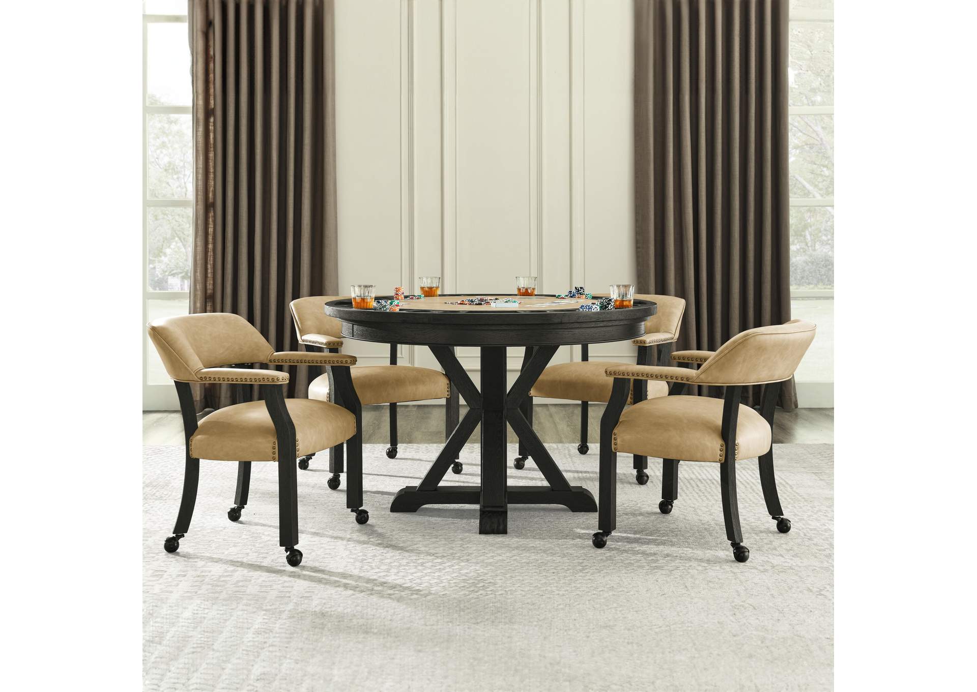 Rylie Dining Table with Game Top and 4 Captains Chairs, Black Finish with Sand Vegan Leather image 1