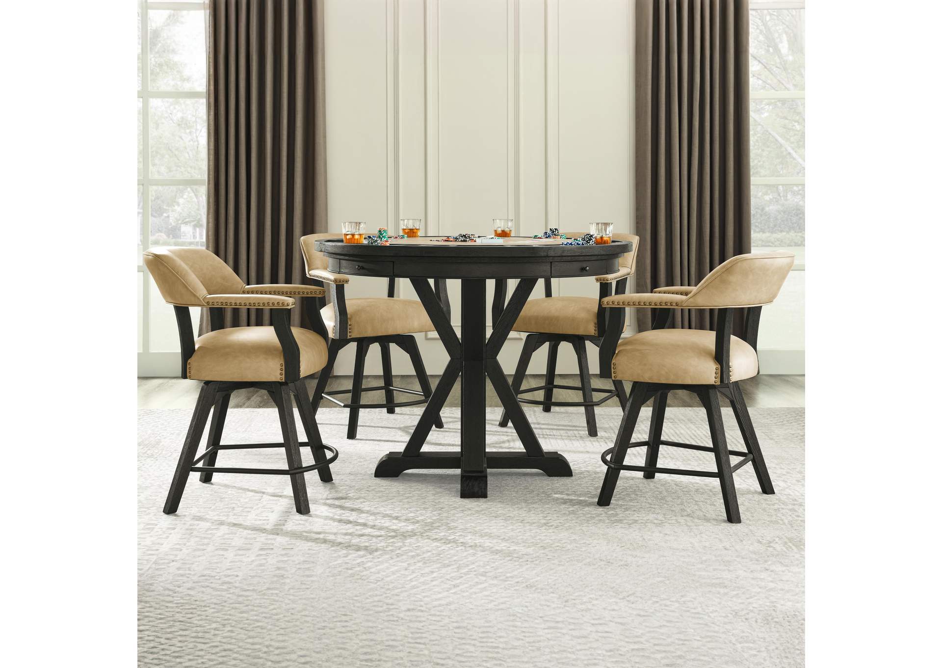 Rylie Counter Table with Game Top and 4 Counter Chairs, Black Finish, Sand Vegan Leather image 1