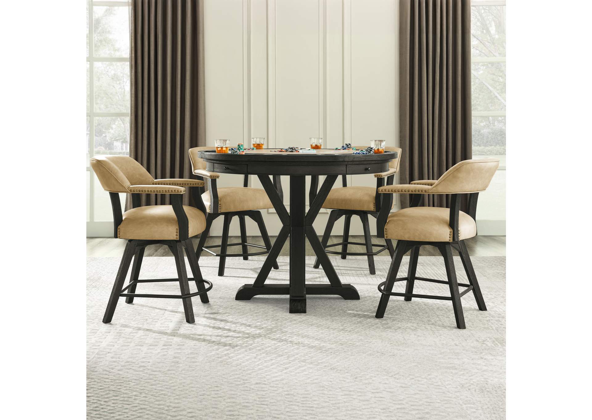 Rylie Counter Table with Game Top and 4 Counter Chairs, Black Finish, Sand Vegan Leather