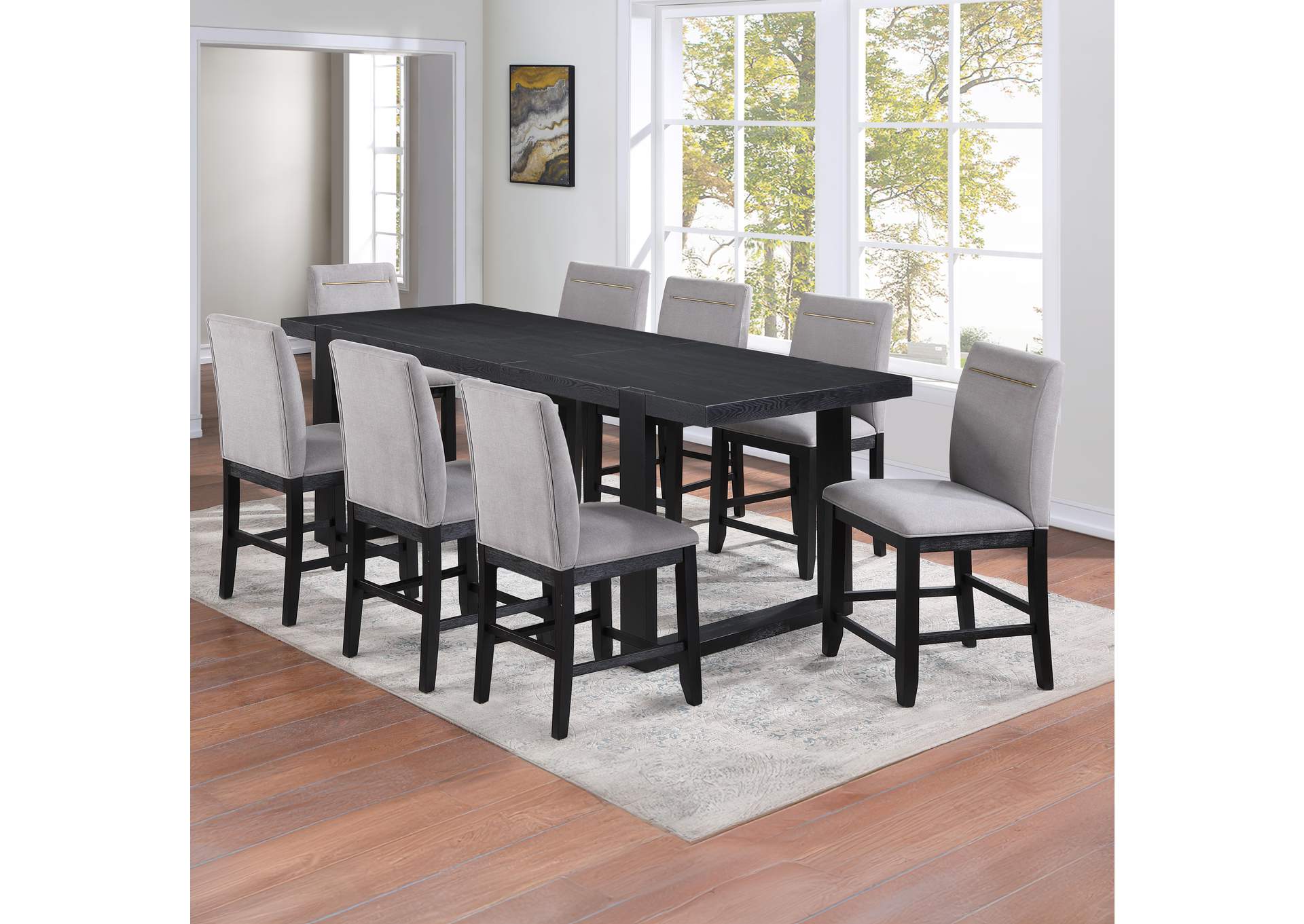Yves Black Counter Table with Storage and 8 Grey Counter Chairs image 1