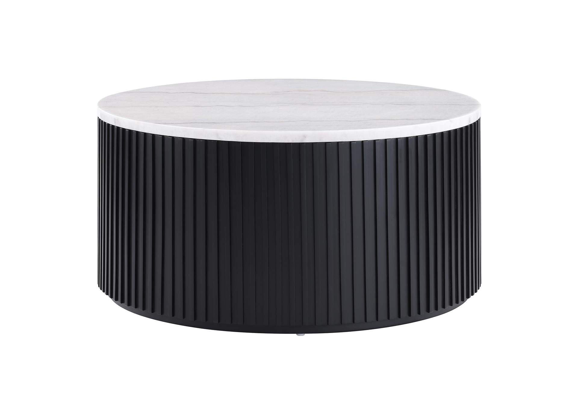 36- Round White Marble Top Coffee Table with Casters, Black Finish image 1