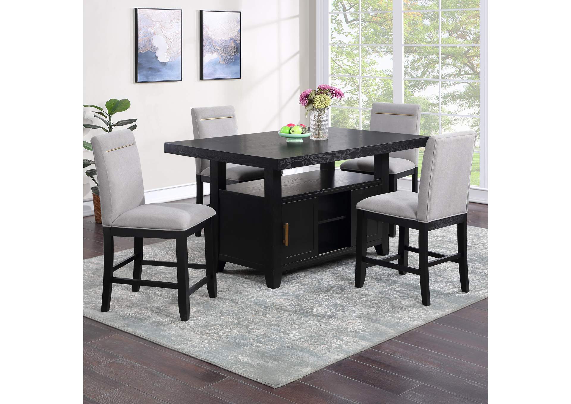 Yves Black Counter Table with Storage and 4 Grey Counter Chairs image 1