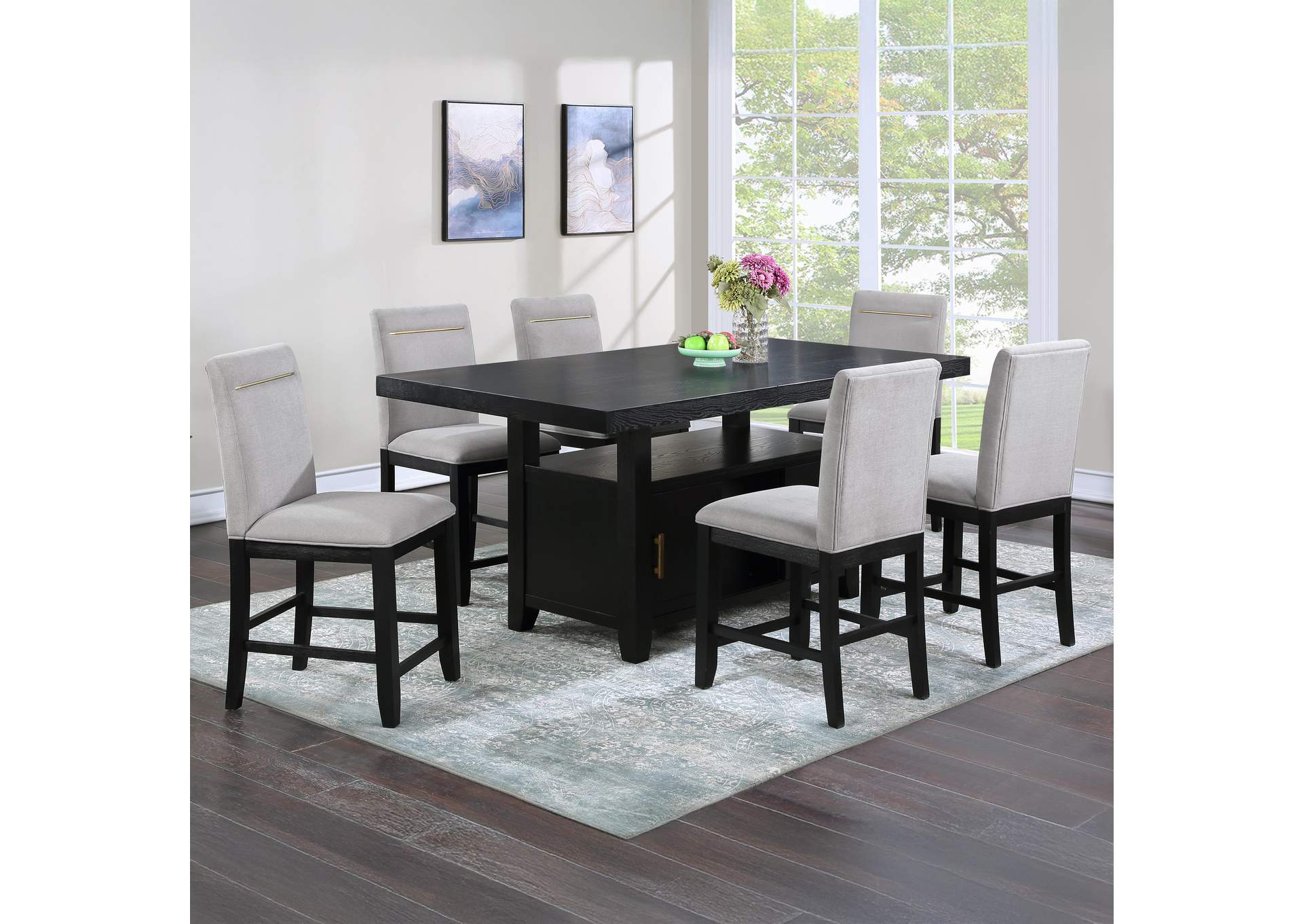 Yves Black Counter Table with Storage and 6 Grey Counter Chairs image 1