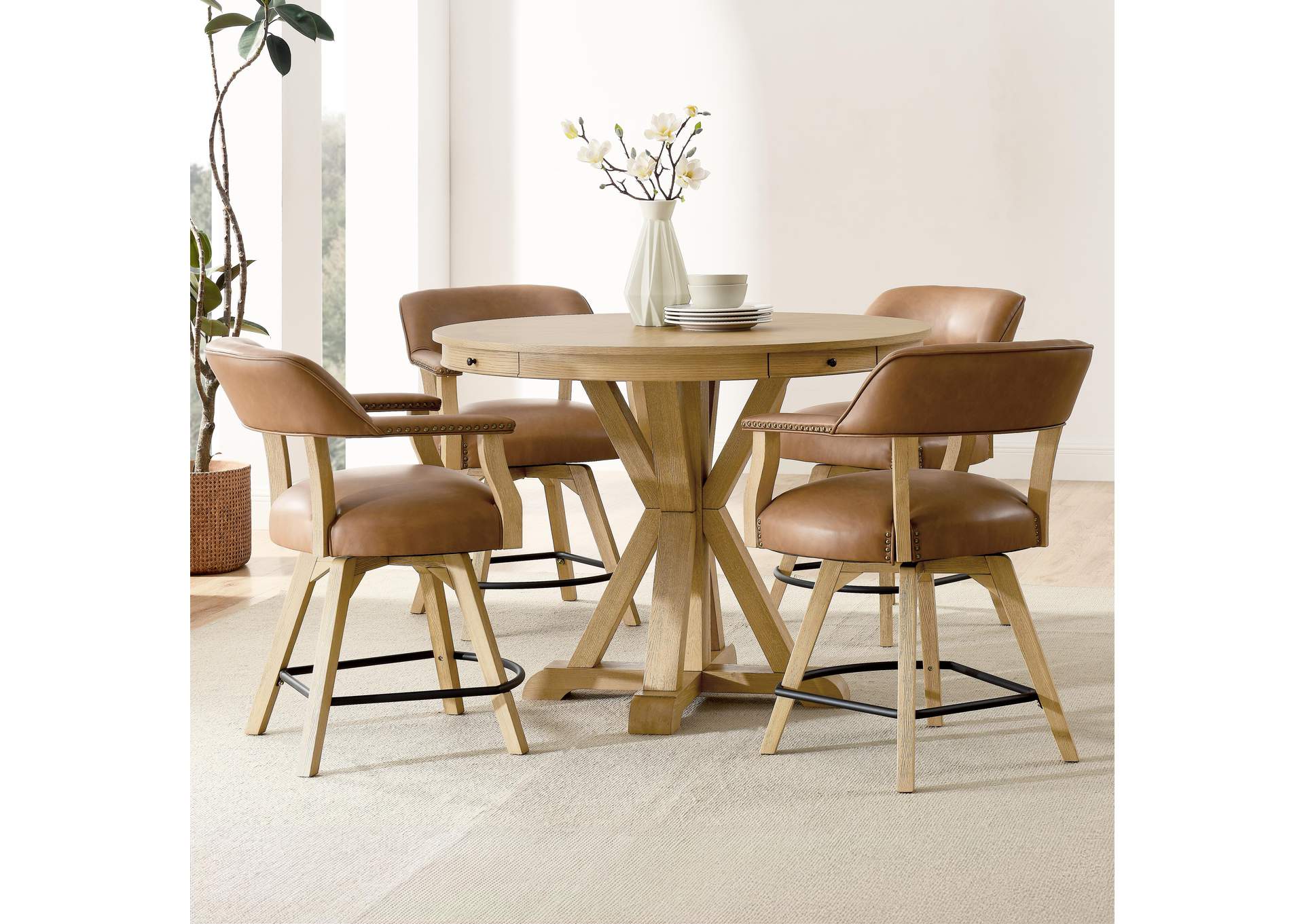 Rylie Counter Table and 4 Swivel Counter Chairs, Natural Finish image 1