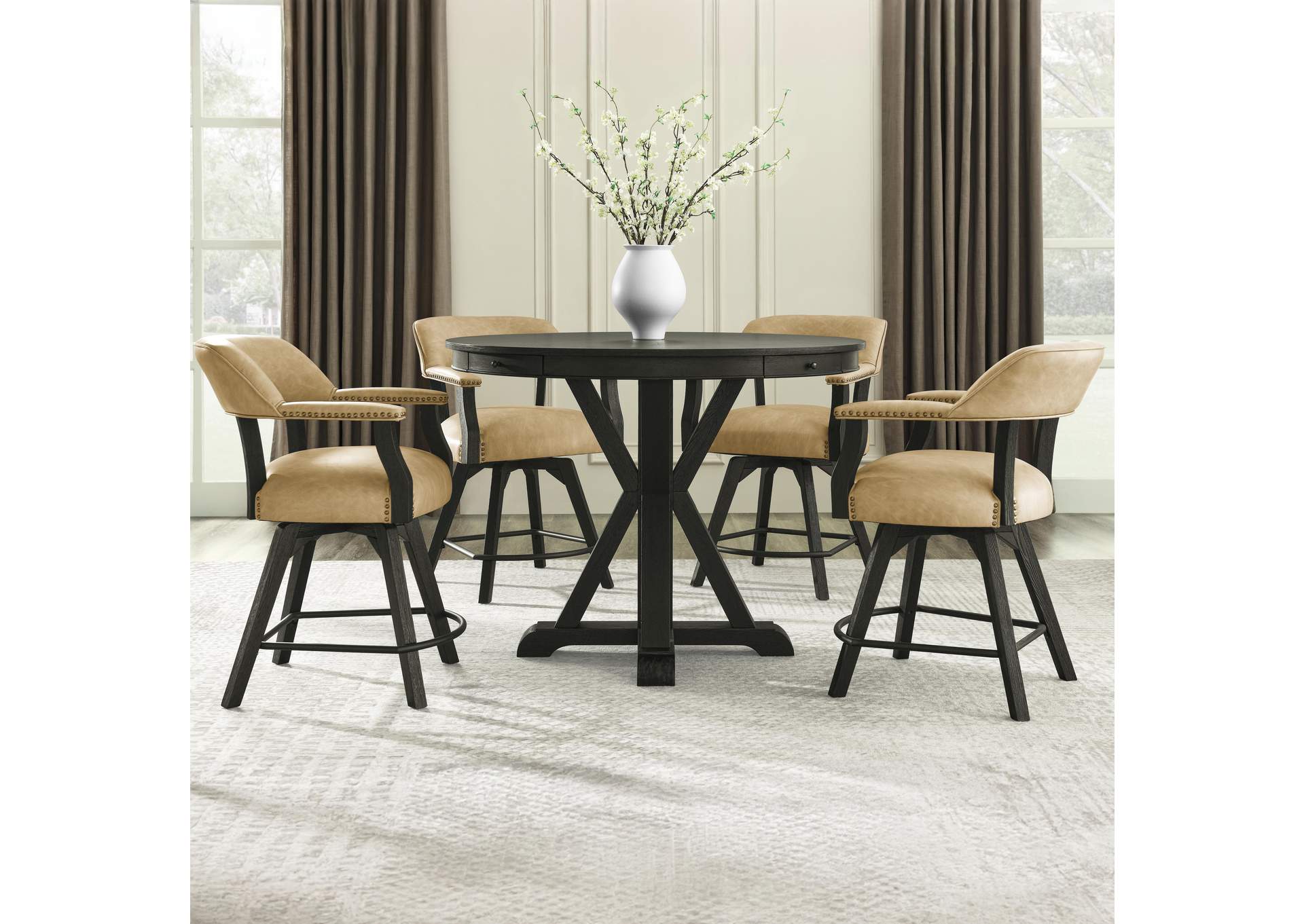 Rylie Counter Table and 4 Swivel Counter Chairs, Black Finish - Sand Vegan Leather image 1