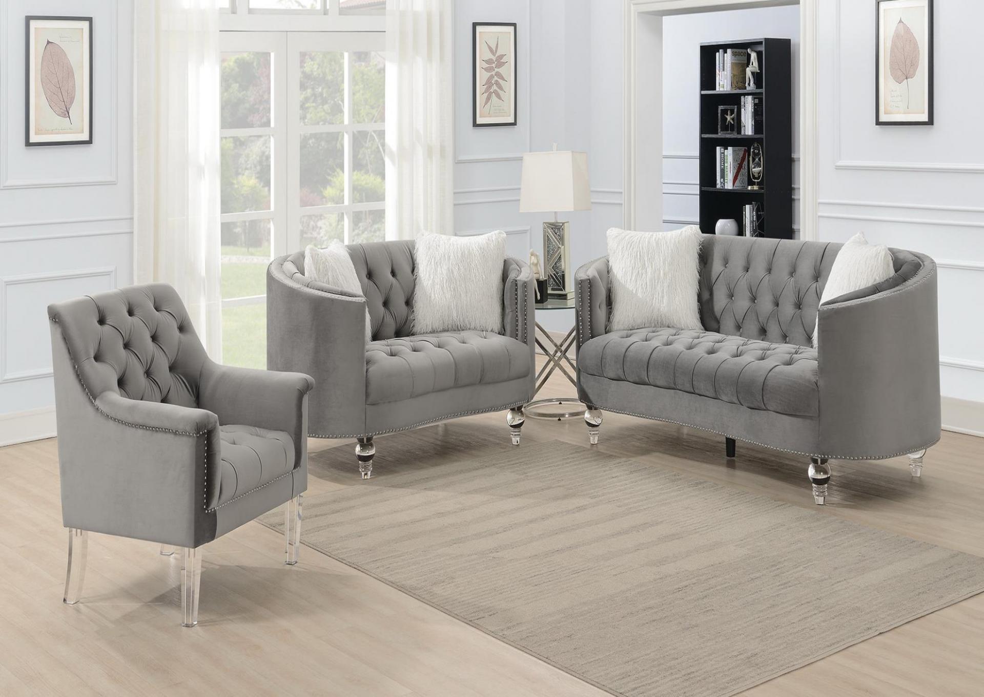 GRAY LOVESEAT W/TWO WHITE FUR PILLOWS & ACRYLIC LEGS image 1