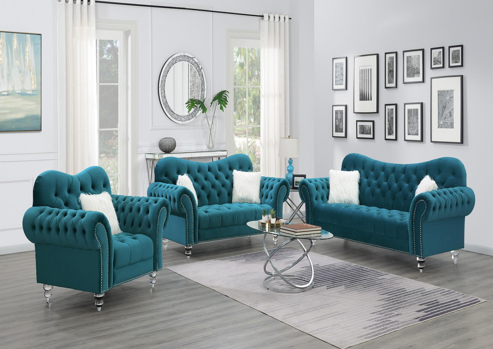 TURQUOISE LOVESEAT W/TWO WHITE FUR PILLOWS & ACRYLIC LEGS image 1