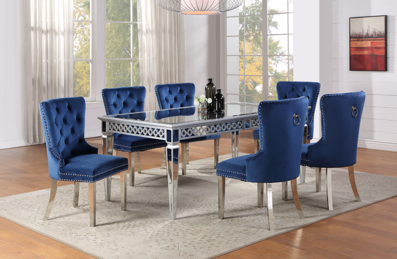 TABLE & 4 NAVY VELVET SIDE CHAIRS image 1