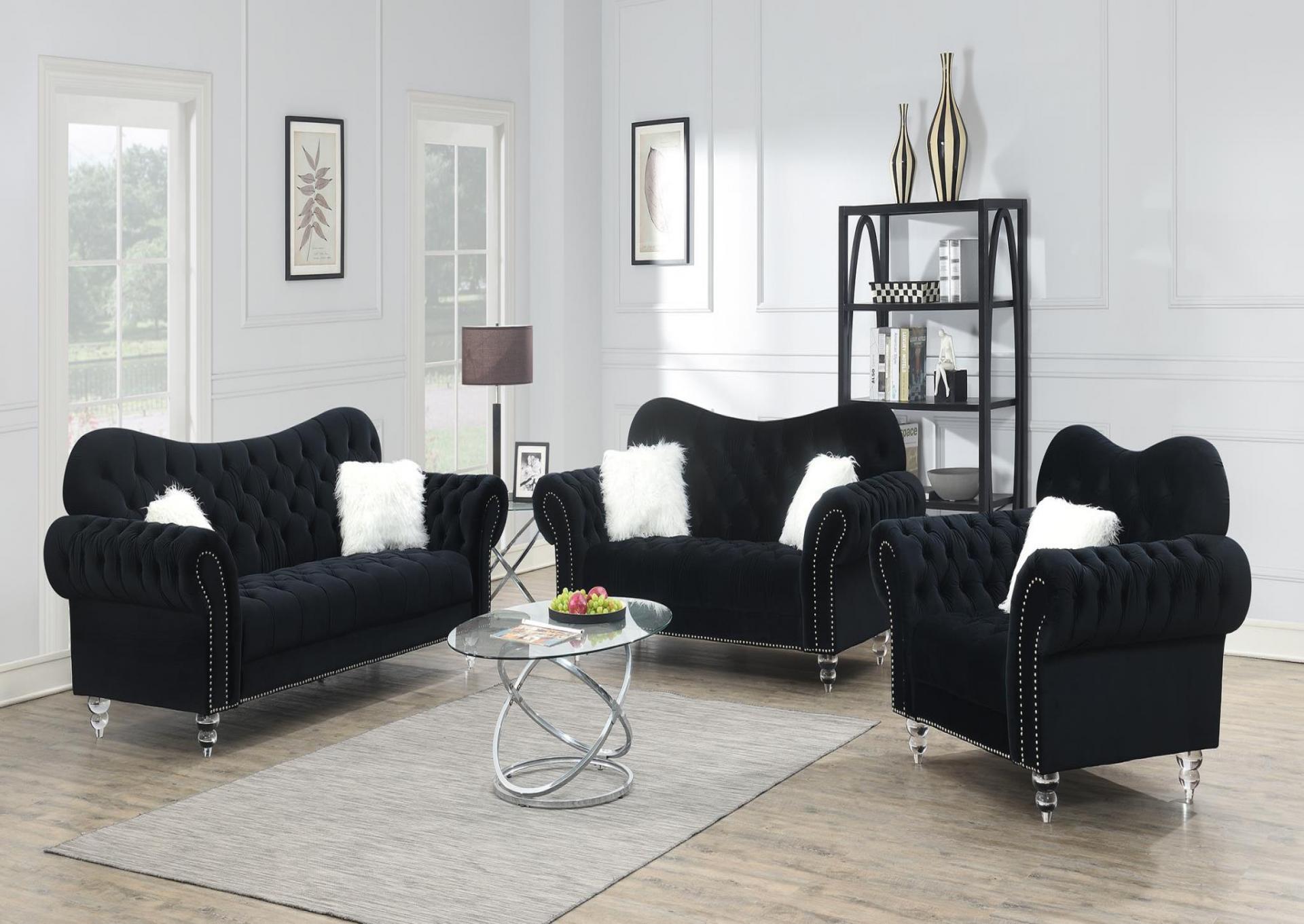 BLACK LOVESEAT W/TWO WHITE FUR PILLOWS & ACRYLIC LEGS image 1