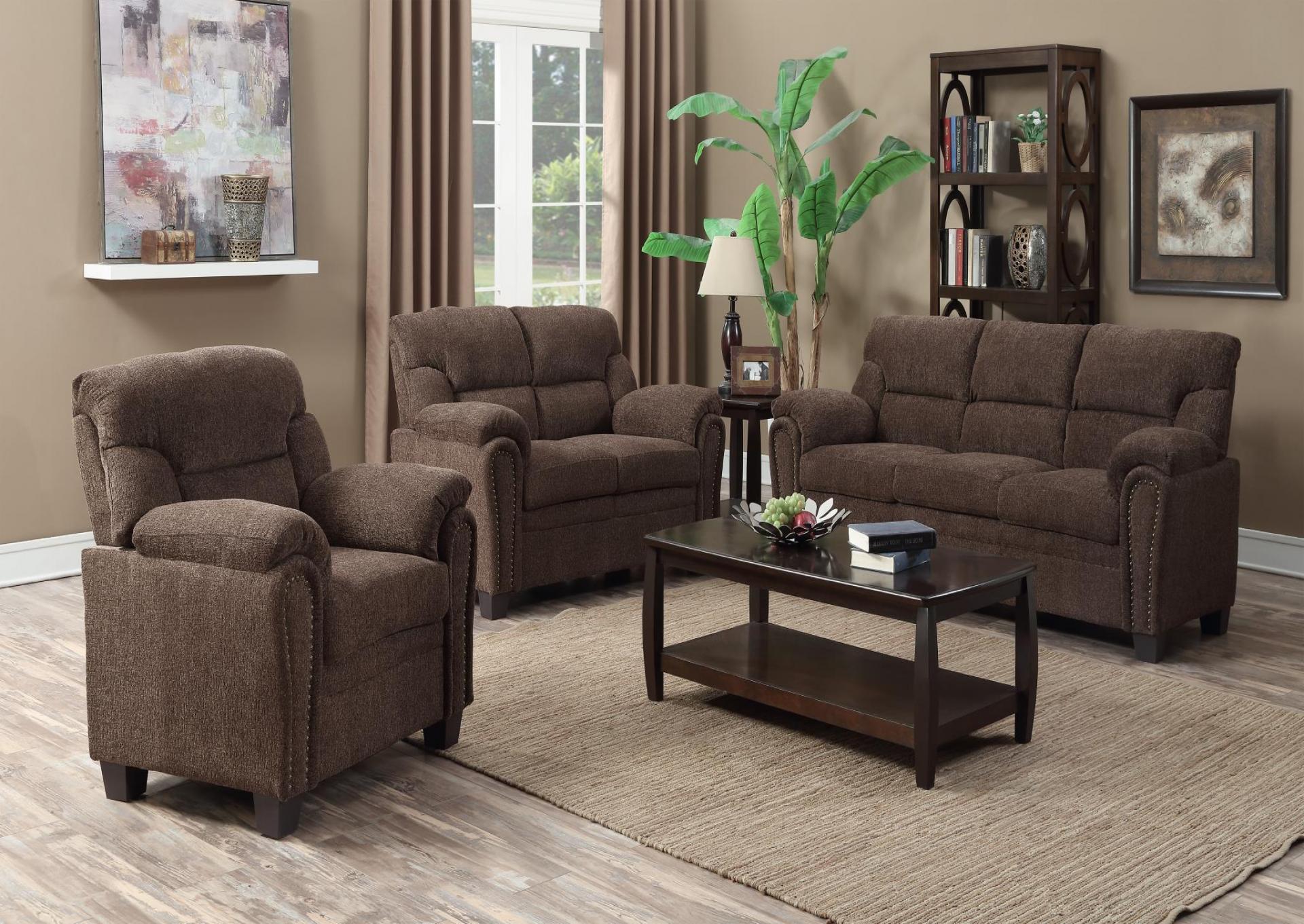 CHOCOLATE FABRIC LOVESEAT W/NAILHEAD image 1