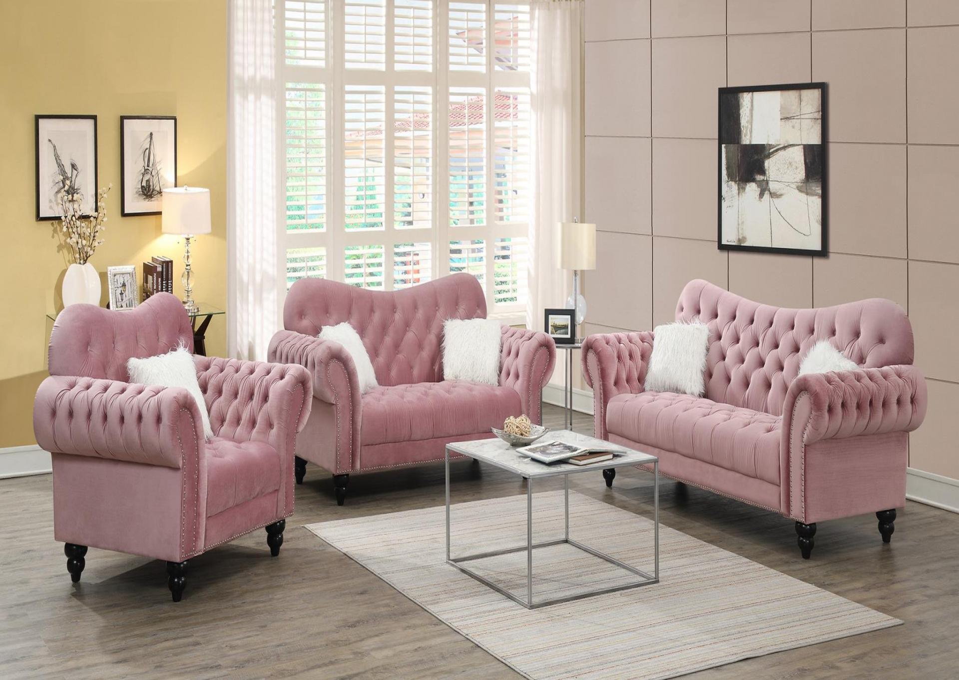 PINK SOFA W/TWO WHITE FUR PILLOWS & WOODEN LEGS image 1