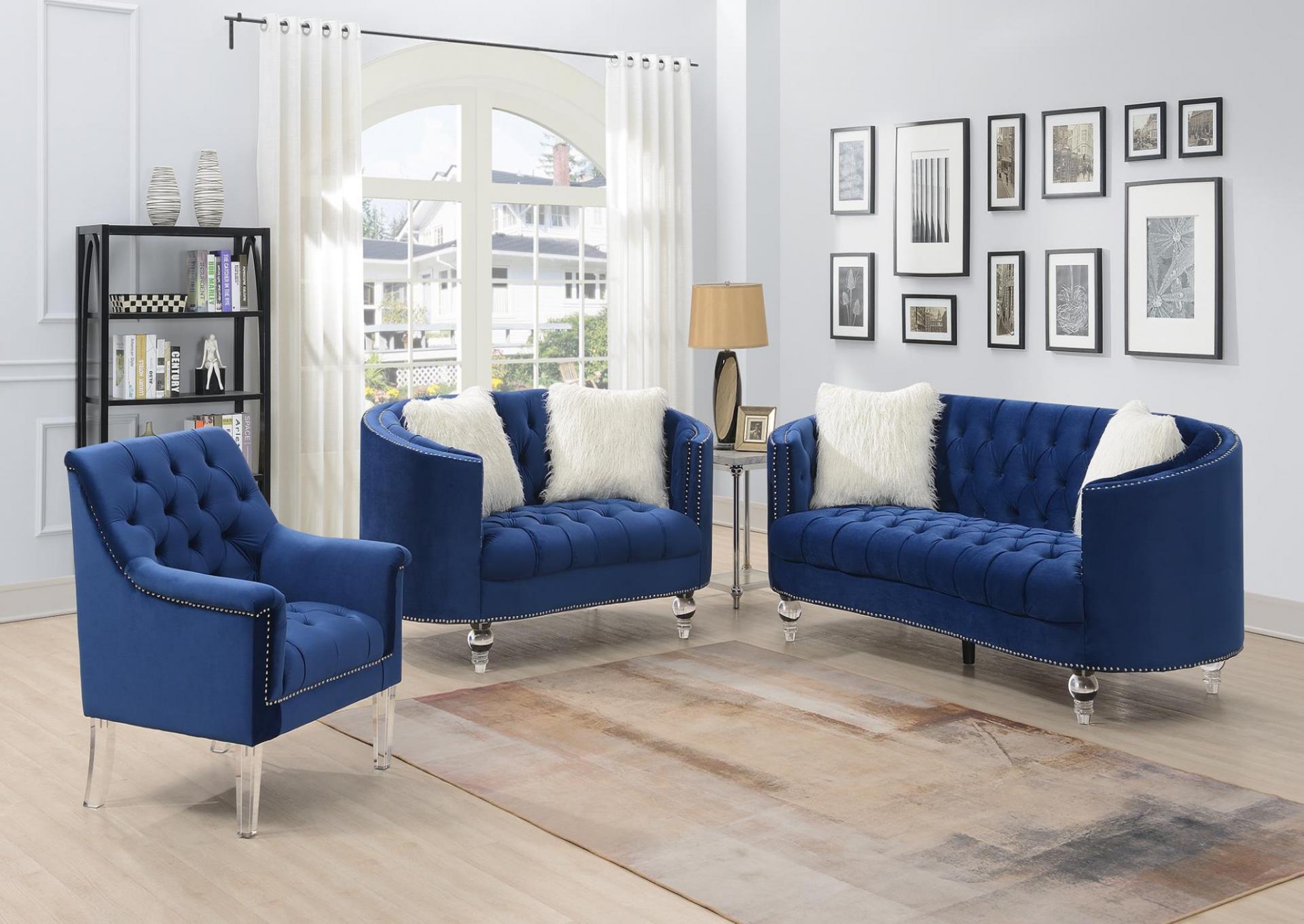 NAVY SOFA W/TWO WHITE FUR PILLOWS & ACRYLIC LEGS image 1