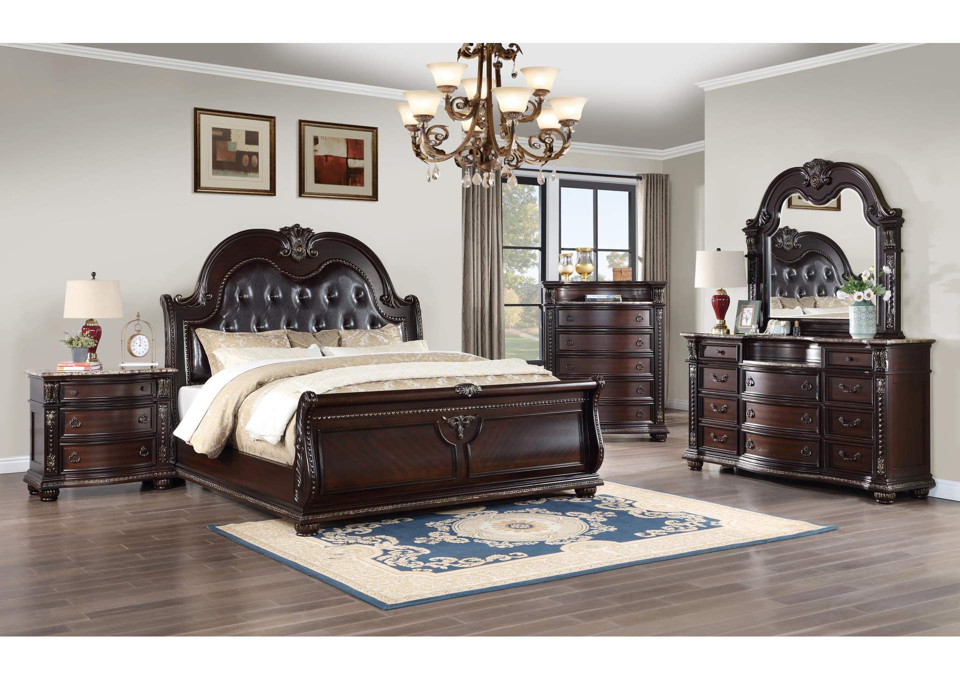 Queen 5 Piece Bedroom Set With Dresser, Mirror, Chest, and Nightstand image 1