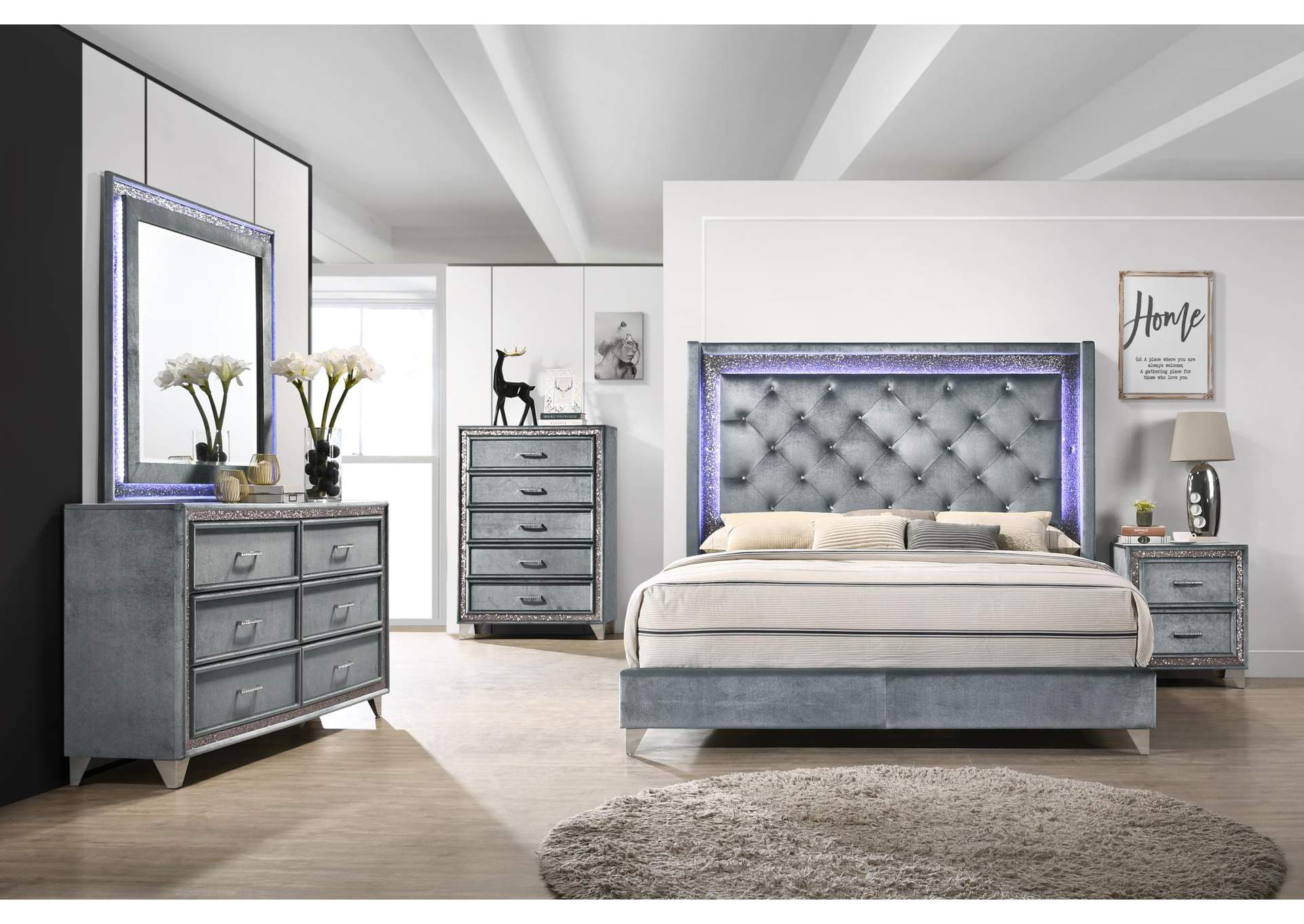 Gray Velvet Led King Bed image 1