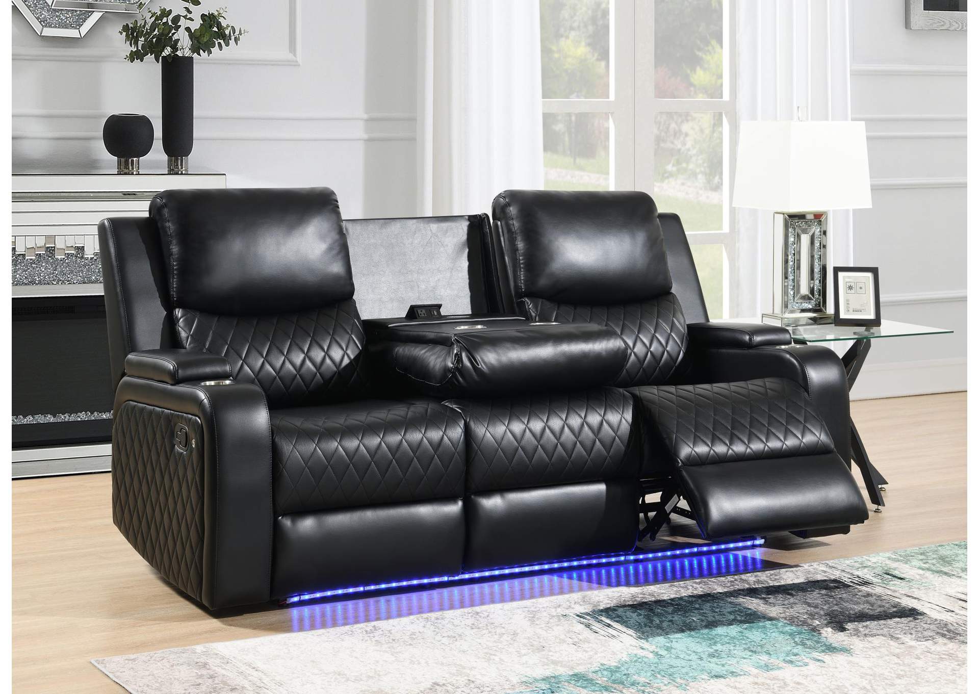 Black Led Motion Sofa With Dropdown Table image 1