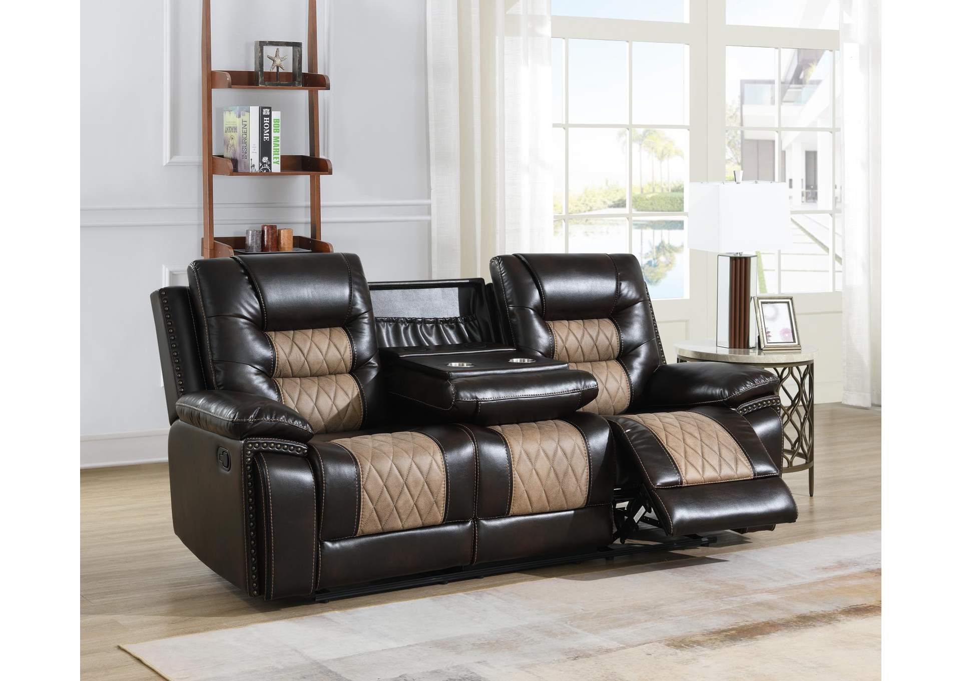 Brown Motion Sofa With Drop Down, and Two Wireless Chargers image 1