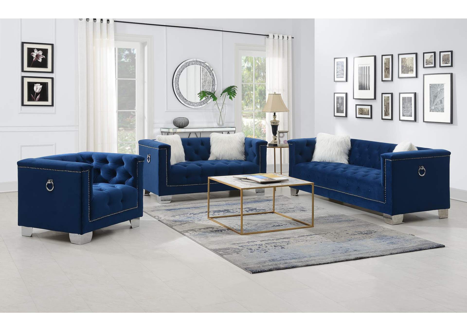 Navy Loveseat With Two White Fur Pillows image 1