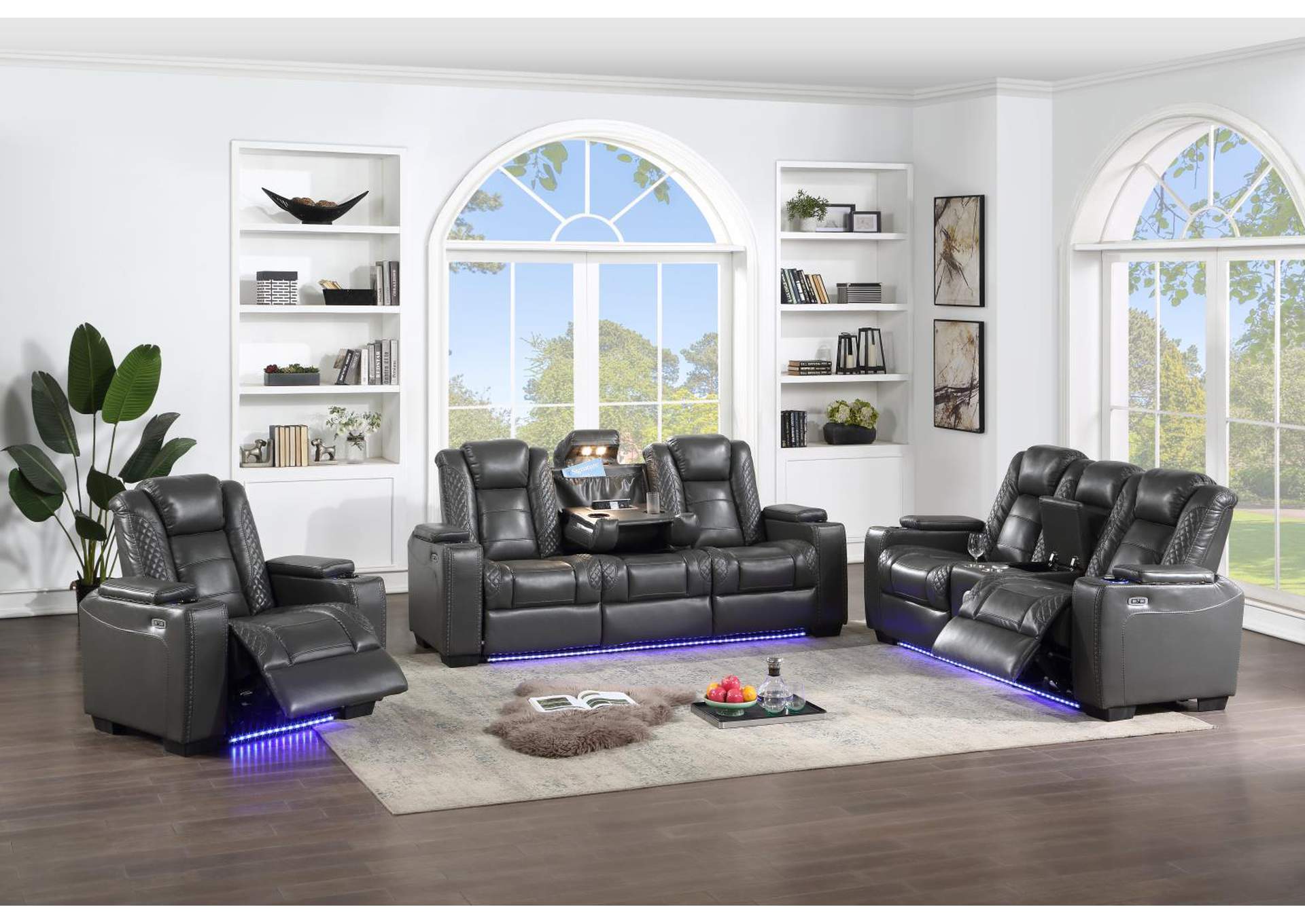 Gray Led Power Reclining Loveseat With Console & Bluetooth Speaker image 1