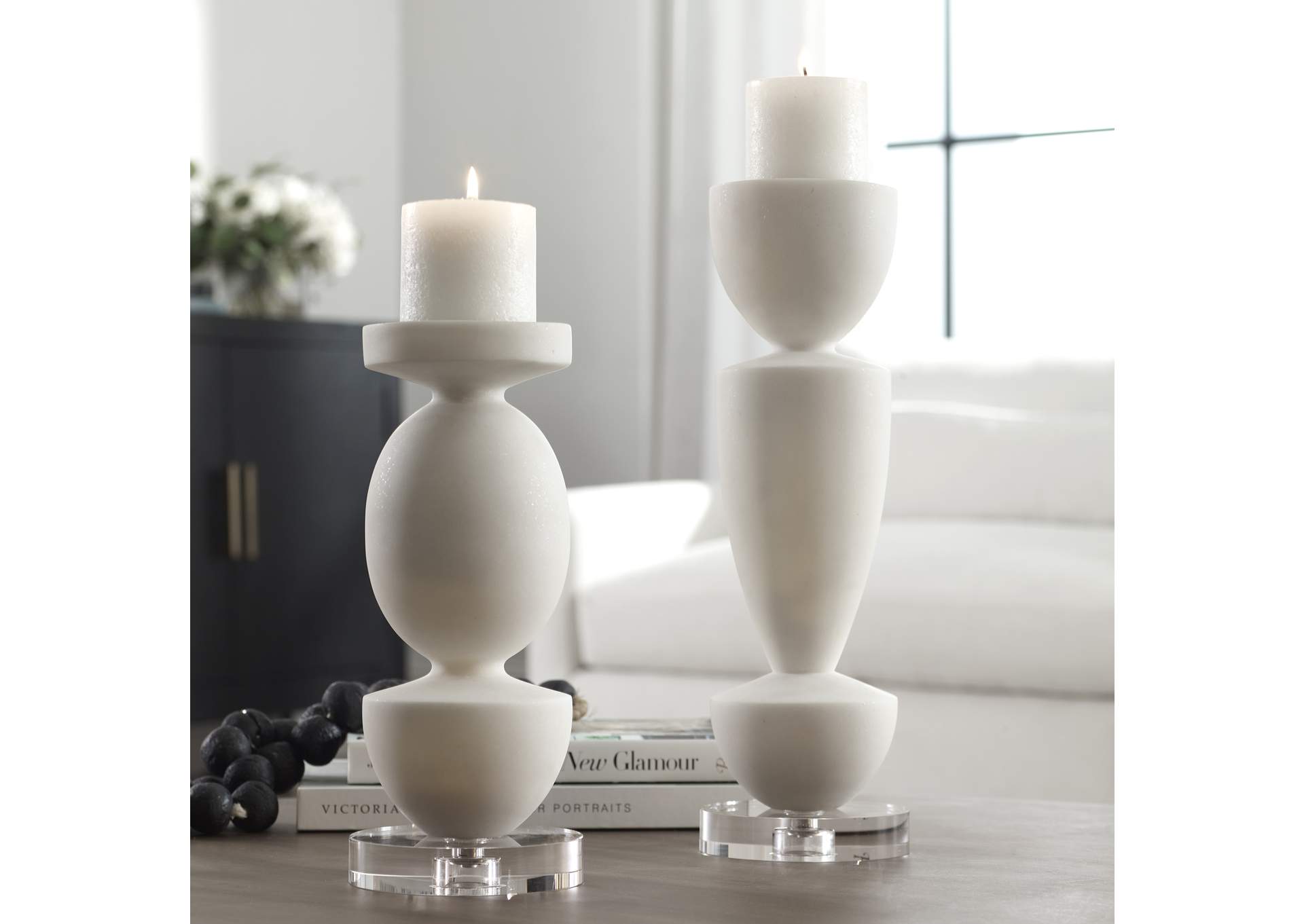 Uttermost Lido White Stone Candleholders, Set