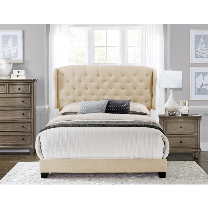 QUEEN BED W/BEIGE FABRIC image 1