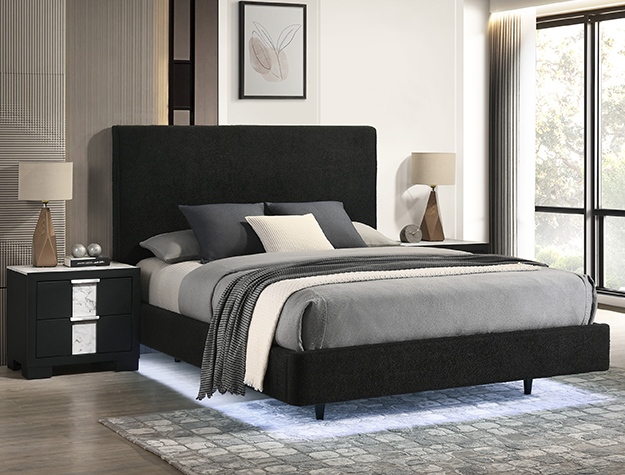 Black Boucle Queen Bed W/ Under bed Lighting image 1