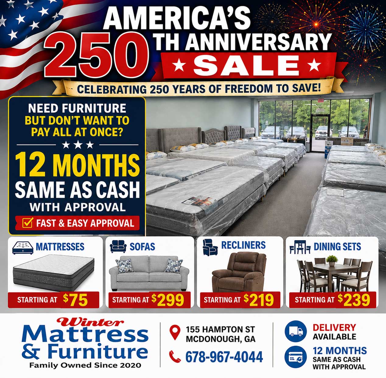 America's 250th Anniversary Sale – 12 Months Same as Cash