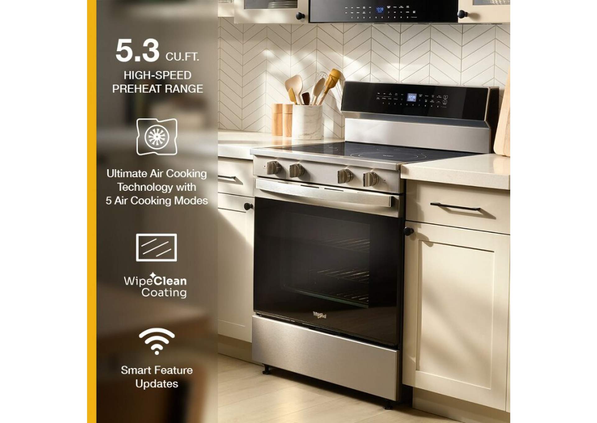 30-inch Electric Smart Range with Air Cooking Technology, No Preheat Air Fry, High Speed Preheat Oven, WipeClean Coating, and Steam/Self Clean
