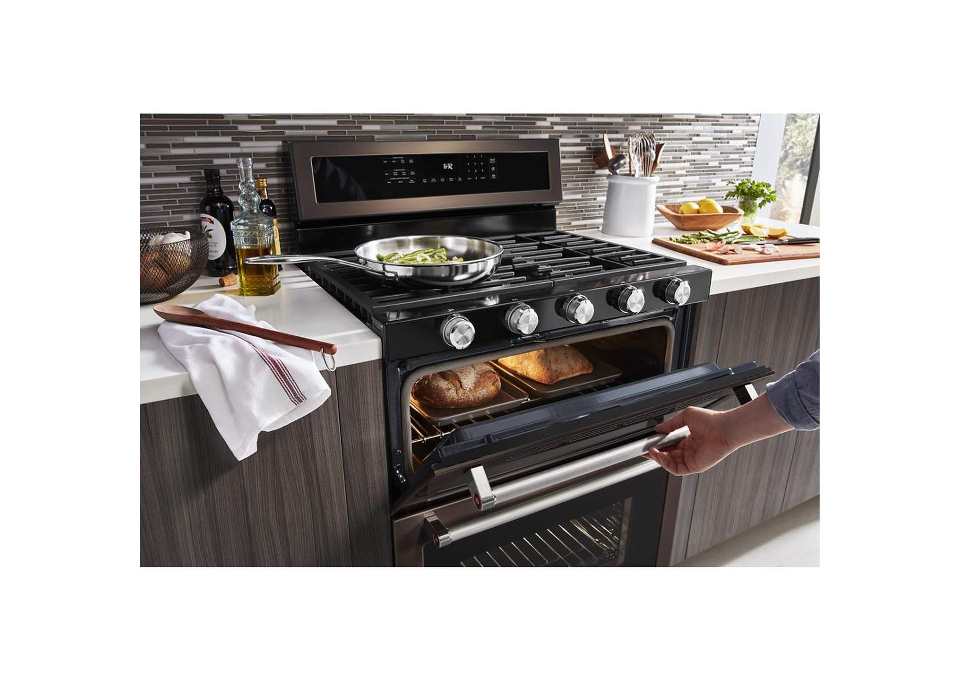 KitchenAid - 30-Inch 5 Burner Gas Double Oven Convection Range - Black Stainless Steel with PrintShield™ Finish