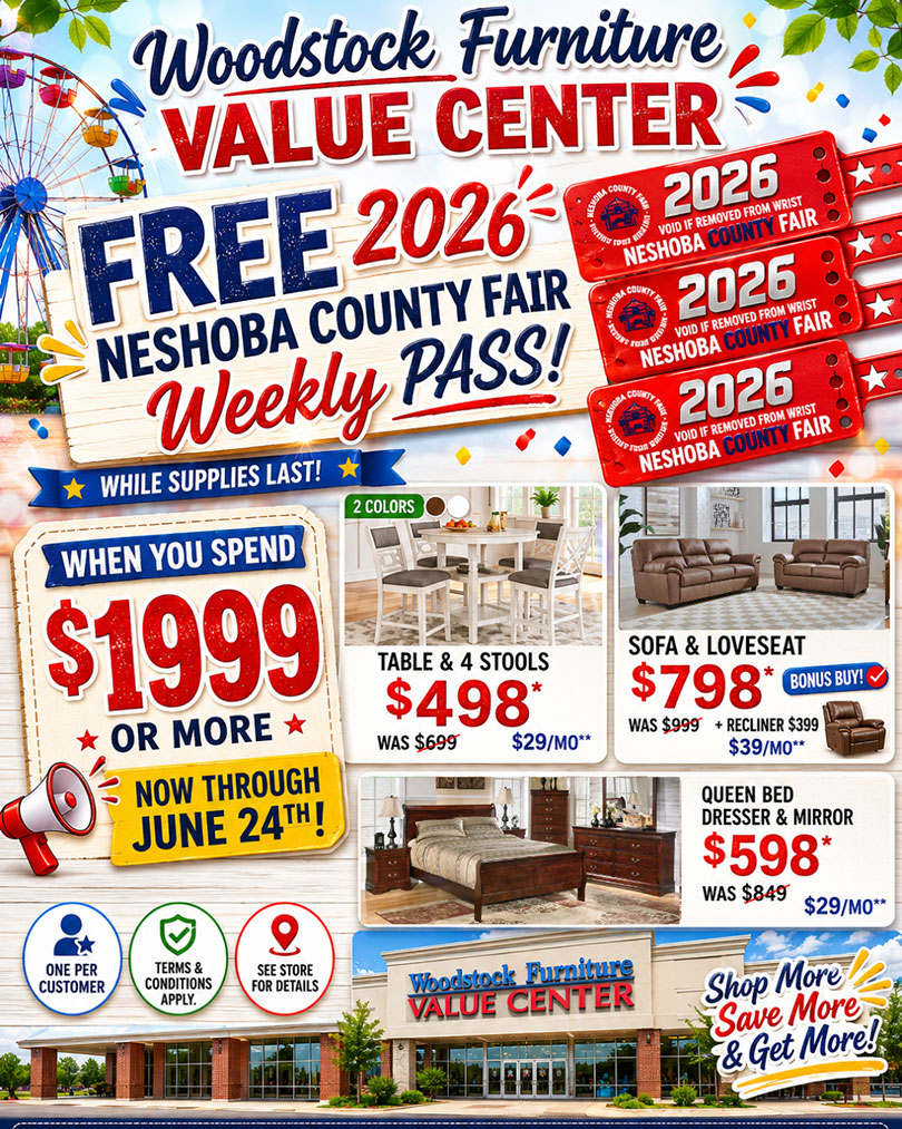 Woodstock Furniture Value Center – FREE 2026 Neshoba County Fair Weekly Pass! While Supplies Last