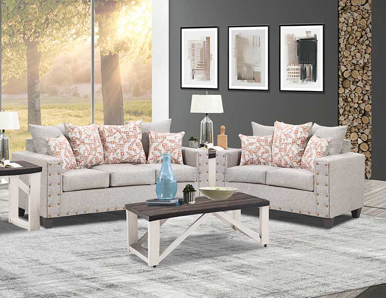 8000-Tan Sofa & Loveseat + FREE 3pc Table Set image 1