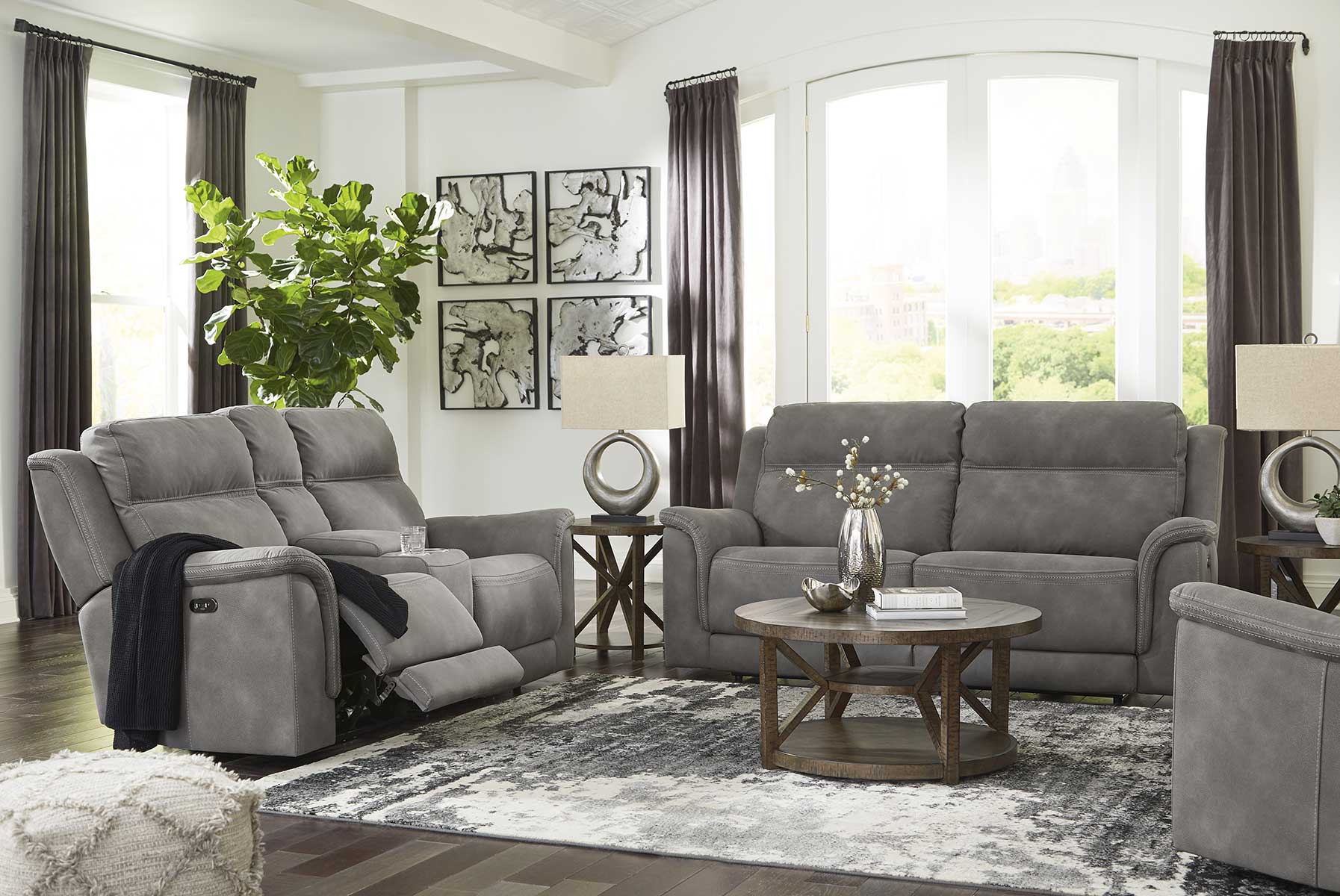 Next-Gen DuraPella Power Reclining Sofa & Loveseat + Bonus Buy Recliner + FREE 55 in TV image 1