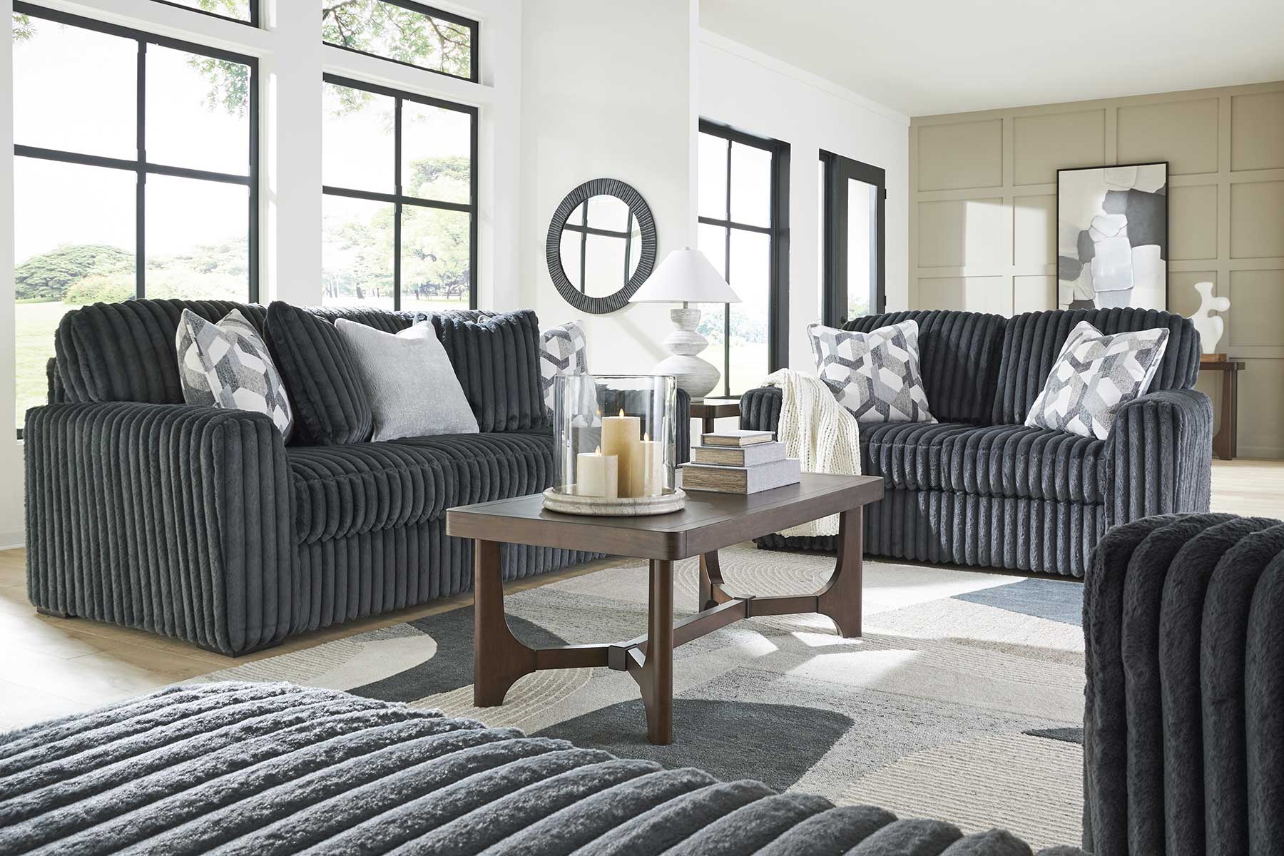 Midnight-Madness Sofa & Loveseat + Bonus Buy Recliner + FREE 55in TV image 1