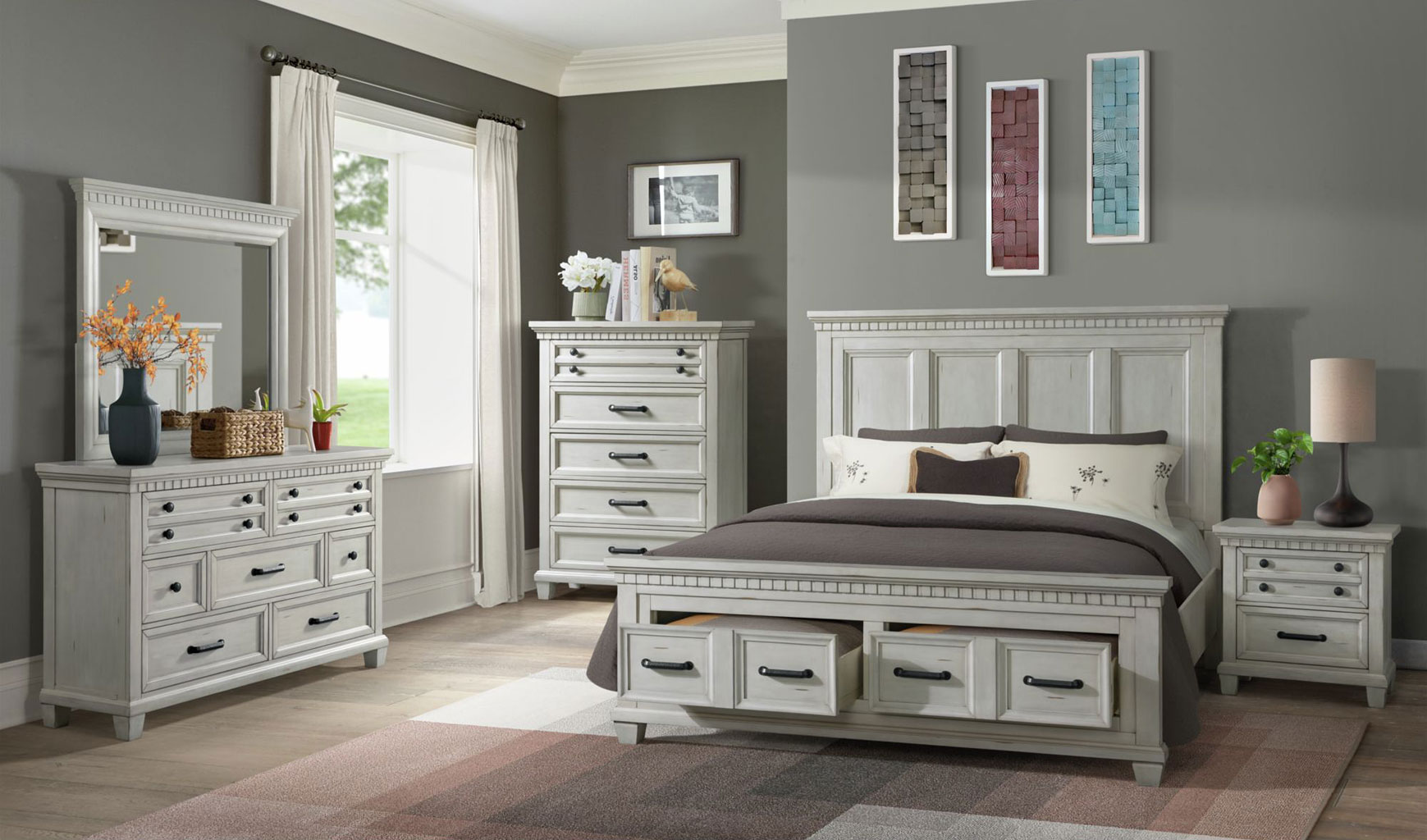 B-10530 White Queen Bed, Dresser & Mirror + Chest & Nightstand image 1