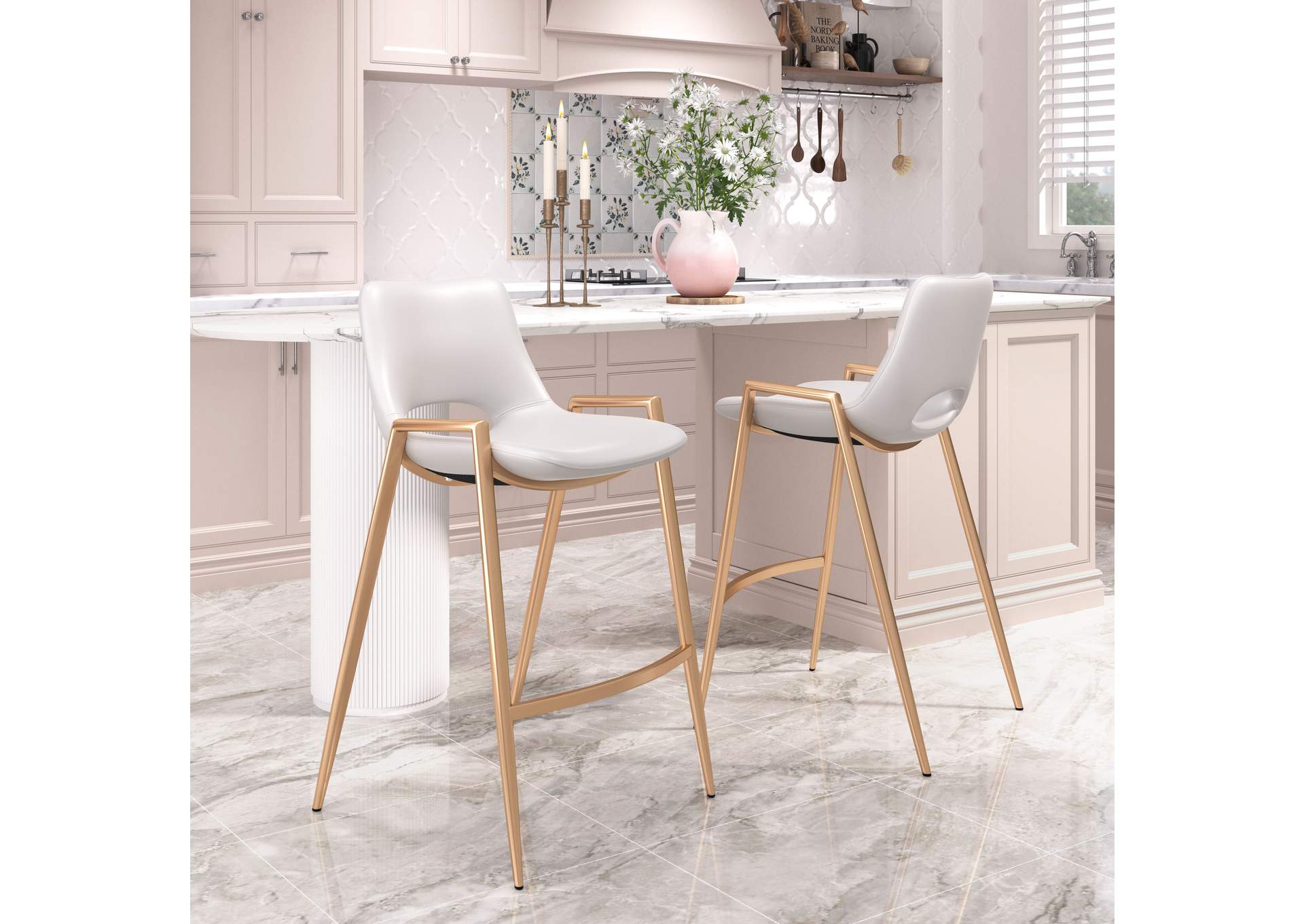 Desi Counter Stool (Set Of 2) White & Gold image 1